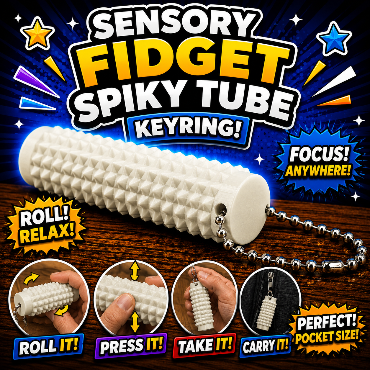 Small Sensory Fidget Spiky Tube Keyring