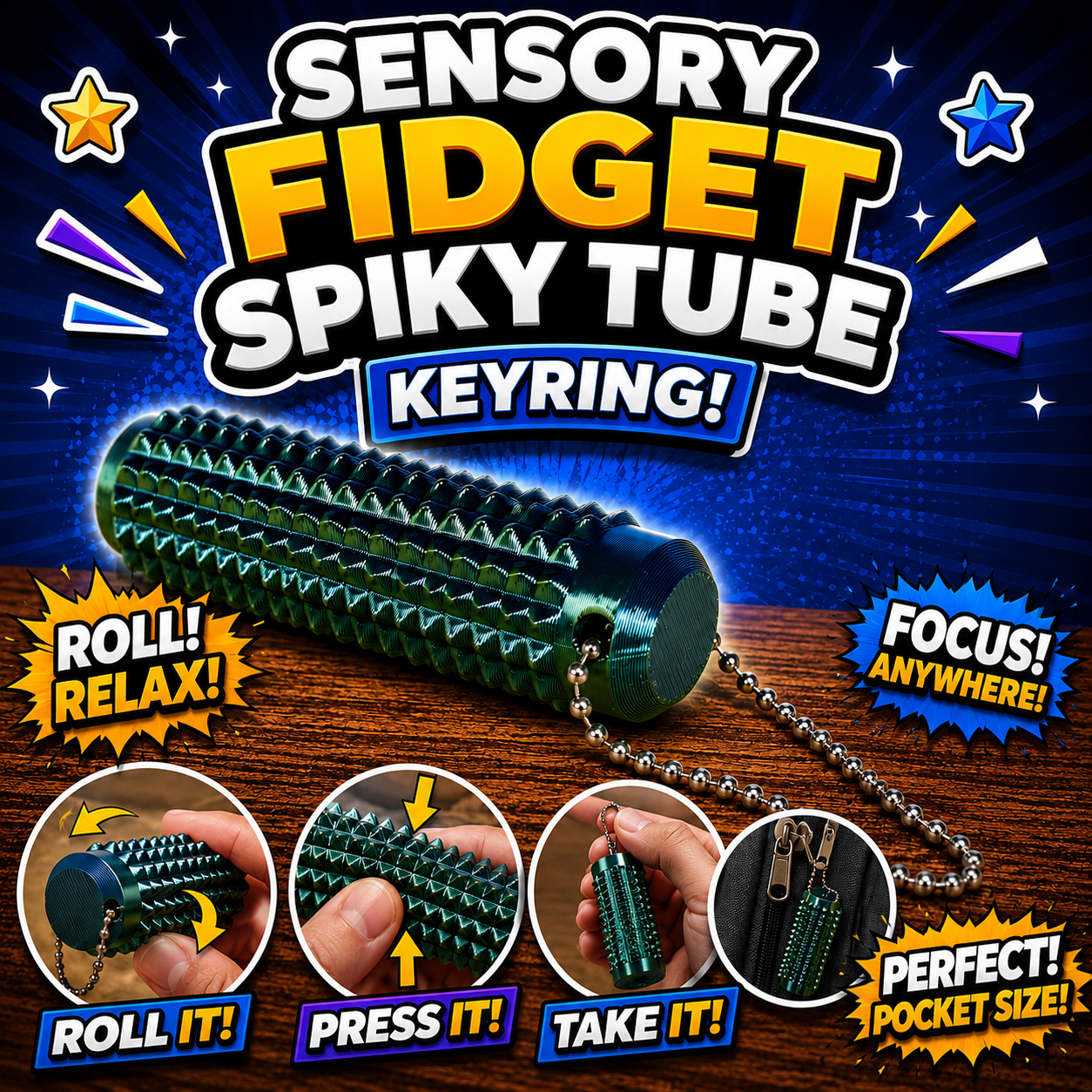Small Sensory Fidget Spiky Tube Keyring