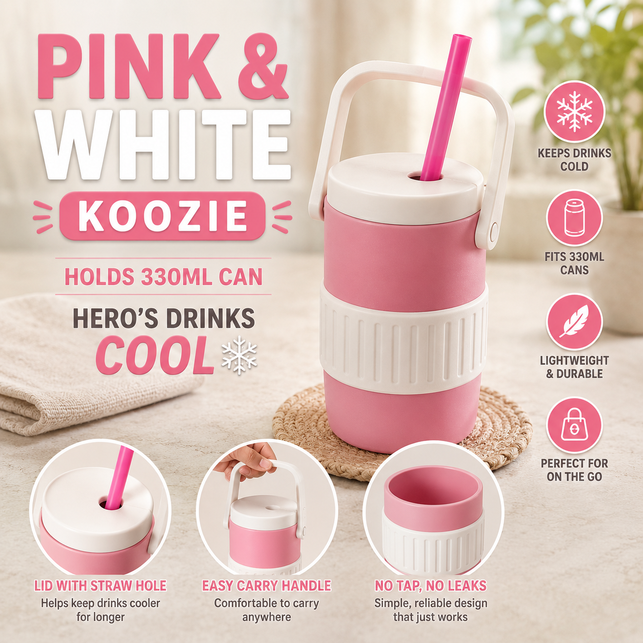 Pink and White Can Cooler Koozie